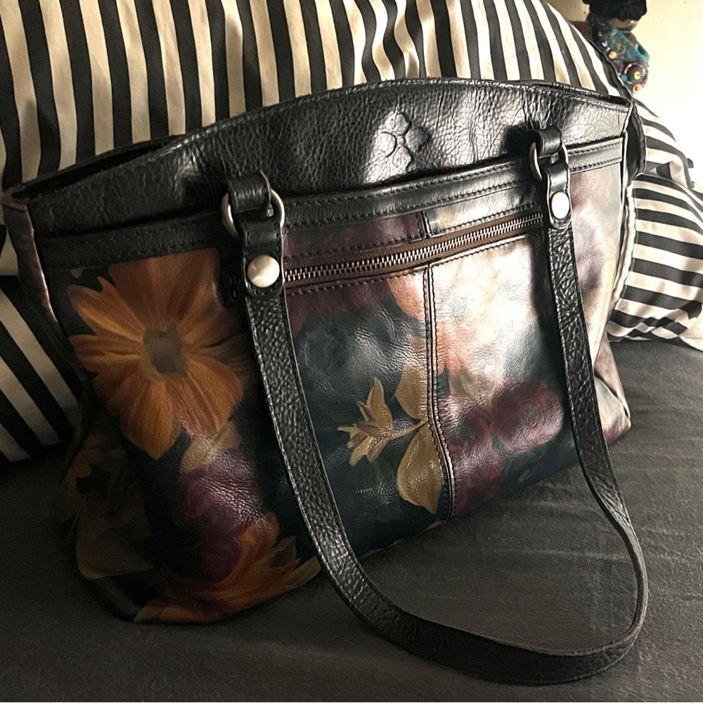Patricia Nash Black Floral Hand-Painted Leather Shoulder Bag with Yellow Accents